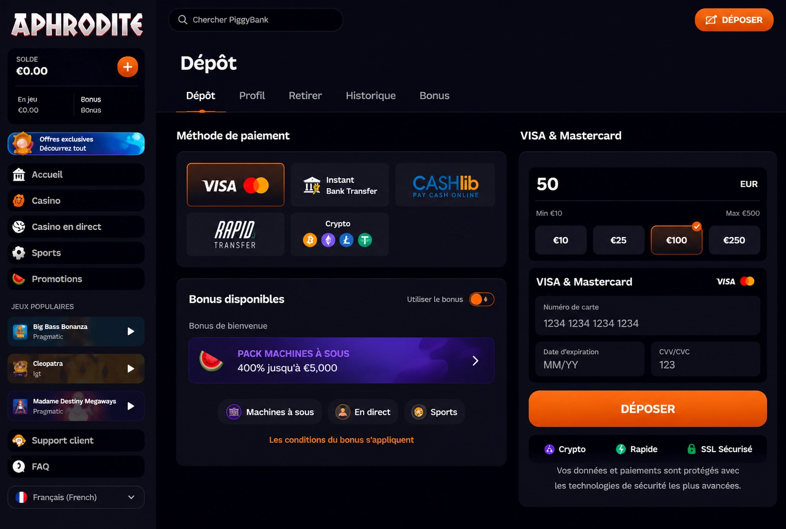 Méthodes de paiement Aphrodite Casino avis